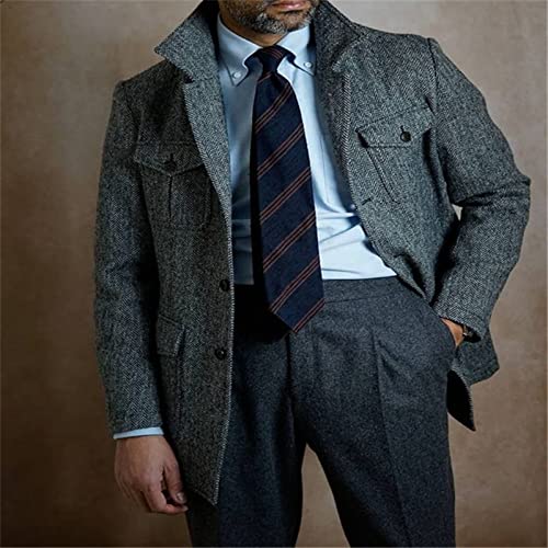 Mens Herringbone Tweed Jacket Lapel Button Down Business Formal Blazer with Pockets4