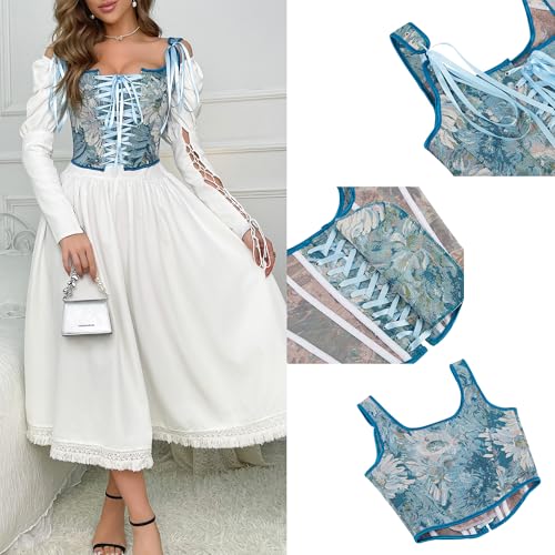 Image of Women-Renaissance-Floral-Corset-Bustier Vintage-Gothic-Camisole-Shapewear | Retro overbust corset bustier top,lace-up adjustable fit,for daily,cosplay, Halloween and themed costume