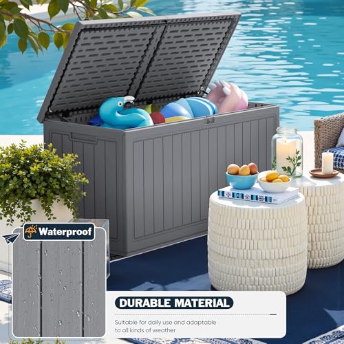 Image of Greesum 260 Gallon HDPE Outdoor Storage Box - Waterproof, Large Capacity Deck Box with Removable Dividers for Patio, Yard, Garden Tools, Light Grey