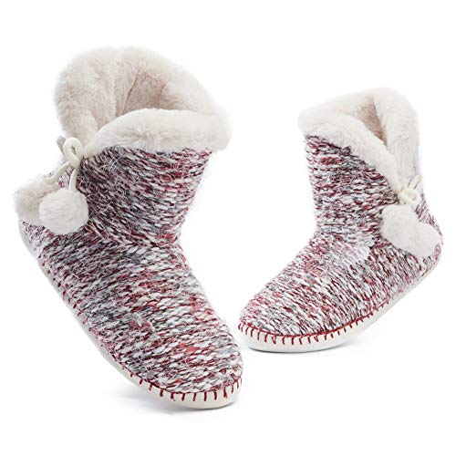 Zapatos de Punto para Mujer Térmico Extra Cálido Antideslizante Invierno, Zapatillas Suaves,Knitted Ball-Bordeaux,37/39EU