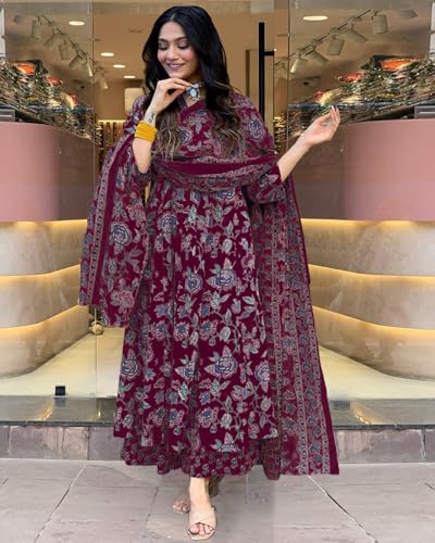 Image of GoSriKi Women's Rayon Viscose Anarkali Printed Kurta with Palazzo & Dupatta