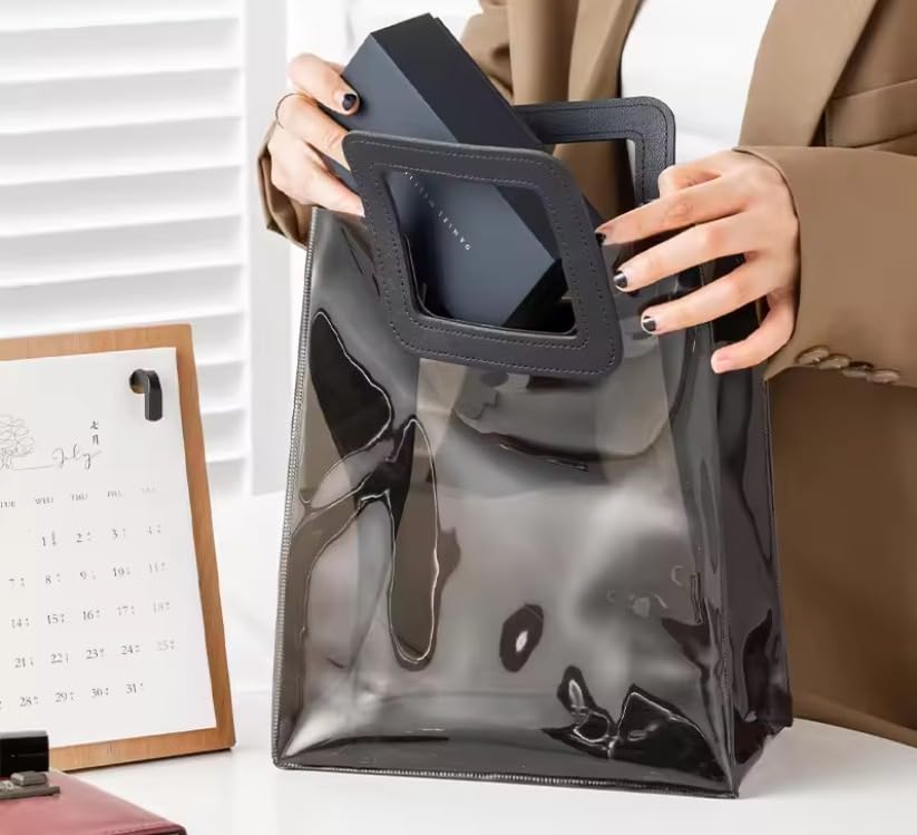 Image of SATYAM KRAFT 6 Pcs Transparent Reusable Leather Goodie Bags | Elegant Gift Bags for Her /Him Wedding Return Favors, Engagement Hampers, Marriage, Birthday & Festival Gifting | Handle Hamper Shopping Carry Bags (Black)