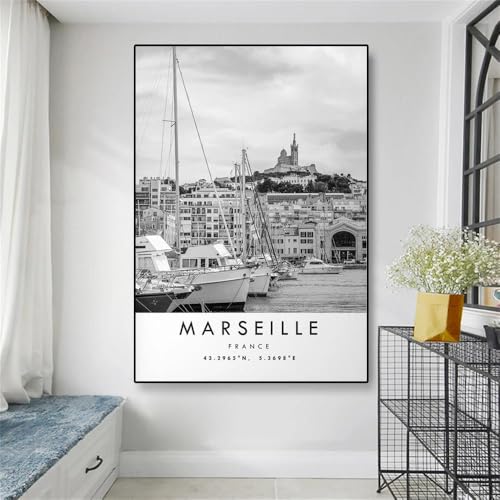 Baibexing Affiche Imprimée De Voyage Ville De Marseille, Noir Et Blanc, Peinture Sur Toile D'Art Mural Unique, Coordonnées, Décoration De Maison Minimaliste...