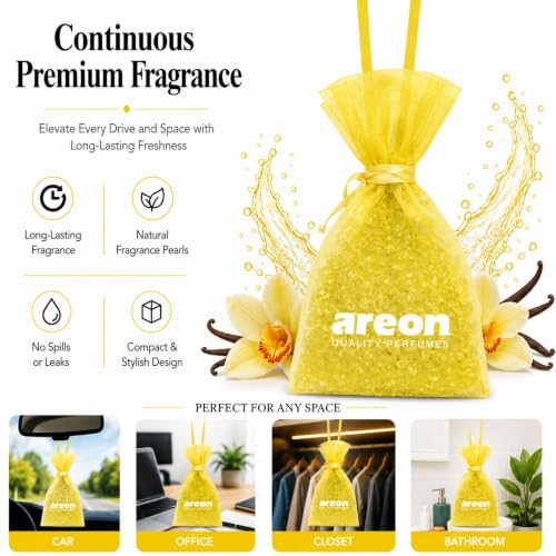 Image of AREON Pearls Vanilla Black Hanging Air Freshener, Quality Perfume Pack of 3 | Long Lasting Fragrance - Premium Quality Perfume - Eliminates Unpleasant Odors - Ideal for Car - Home - Office - Wardrobe