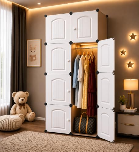 Image of Plastic Wardrobe for Clothes Storage, 8-Door Portable Collapsible Almirah & Cupboard for Bedroom, Baby Wardrobe Cabinet Organizer for Clothes & Toys (White, 8 Door)