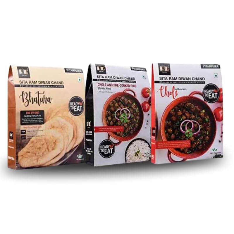 Sita Ram Diwan Chand Ready to Eat Bhatura | Chole and Pre-Cooked Rice | Chole With Onion 300 Gram Each| No Preservatives | No Artificial Flavors | 100% Natural Ingredients | Tasty Snacks - Pack of 3