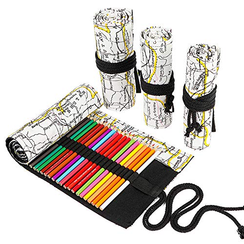 Image of Funny live 24 /36 /48 /72 Slots Colored Pencil Wrap Roll up Pen Holder Case Drawing Coloring Pencil Roll Organizer Stationery Case for Student Artist Traveler (Map, 24 Slots)