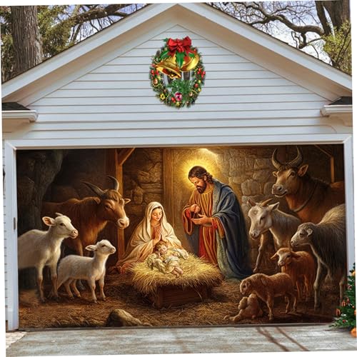 Couverture de porte de garage Noël chrétien 13x6FT crèche extérieure