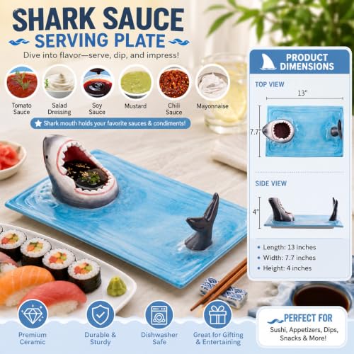 Image of 2 Pack Ceramic Shark Taco Holder Plate, Shark Sushi Plates, Funny Handmade Kitchen Salad Plates with Dipping Sauce Bowl, Microwave /Oven /Dishwasher Safe Plates, Birthday Gifts for Shark Party Lovers