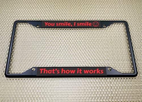Image of Personalized with Custom Text Design - 4 Hole Black Metal Laser Engraved US Standard Size - Car License Plate Frame with Free caps - Black /Red Text (Qty: 1 Frame)