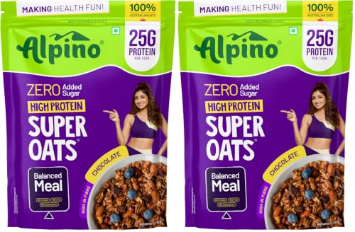 Image of ALPINO 25g High Protein Super Oats Chocolate 400g - Rolled Oats with Peanut Butter, Cocoa, Nuts & Seeds - Zero Added Sugar & Salt - Source of Dietary Fibre & Healthy Fats (Pack of 2)