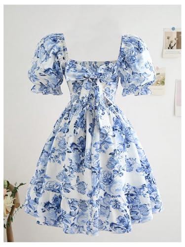 WDIRARA Girl's Floral Print Square Neck Dress Bow Knot Back Smocked Swing Dresses2