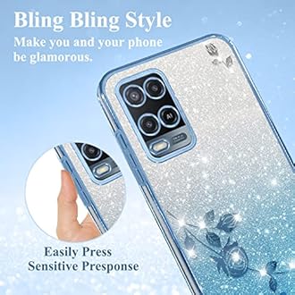 Phone Case for Oppo A54 4G Clear Glitter Floral, Cute Slim for Oppo A54 4G Case Silicone Shockproof Protective Women Girls Cover Sparkle Aesthetic (Blue)