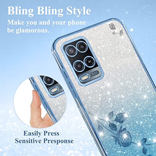 Phone Case for Oppo A54 4G Clear Glitter Floral, Cute Slim for Oppo A54 4G Case Silicone Shockproof Protective Women Girls Cover Sparkle Aesthetic (Blue)