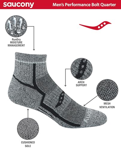 Image of Saucony Men's RunDry Bolt Performance Quarter Socks, Available in L-XL (6, 12 Pairs)