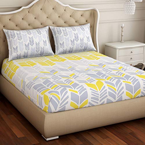 Image of Spaces Atrium Plus 210 TC 100% Cotton Queen Size Fitted Double Bedsheet with 2 Pillow Covers (Geometric, 60 inch X 78 inch Inches ) - Yellow