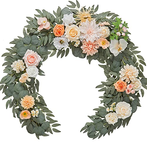 Tinge Time 5.5Ft Artificial Flower Garland Decoration With Scented Card, Eucalyptus Garland With Flowers, Floral Rose Garland For Wedding Sweetheart Mantle Table Centerpiece (Champagne & Coral) #TOP20