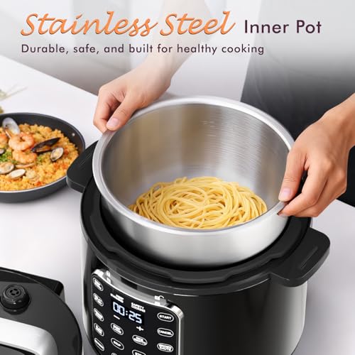 Image of 9-in-1 Electric Pressure Cooker 6 Quart Black, Stainless Steel Pot, 12 Preset Functions with Touchscreen, Safe Steam Release, Stew, Slow Cook, Rice, Saute, Warmer