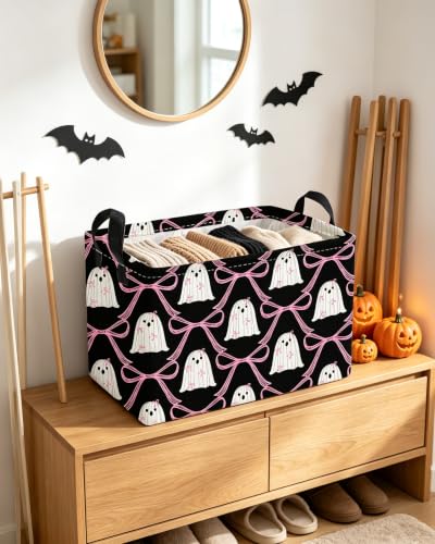 Image of Essme Rectangular Halloween Basket,Ghost Storage Bins Organizer with Handles for Room Decor, Gift Basket,Shelf Basket.(Bow Ghost)