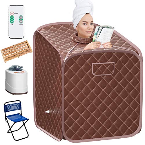 Giantex Portable Steam Sauna Spa 2L Folding Private Sauna Tent W/Chair Foot, Massage Roller, Absorbent Pad,9 Adjustable Temperature Levels for Weight Loss, Detox, Stress Fatigue 33 x 33x 42(Coffee)