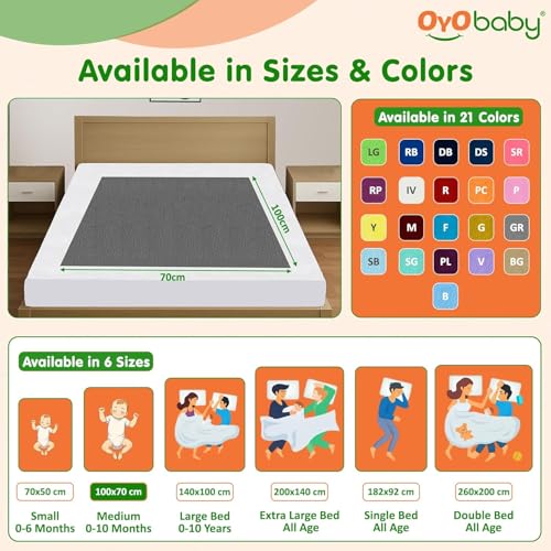 Image of OYO BABY Medium Baby Dry Sheet Pack of 3 (100x70 cm) | Quick Dry & Absorbent Waterproof Bed Protector | Reusable Soft Breathable Mattress Sheet for New Born Baby (Dark Blue, Salmon Rose & Grey)
