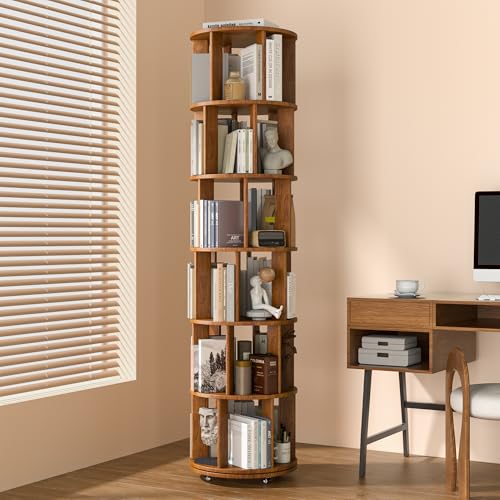 6 Tier Solid Wood Rotating Bookshelf on Wheels, 360° Spinning Book Shelf Tower, Round Revolving Bookcase Organizer, Rolling Bookshelves for Small Spaces, Corner, Bedroom, Kids Room, Office — Walnut