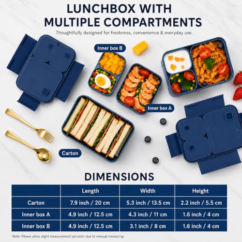 Image of daiDokoro 3 Compartment Bento Lunch Box with Removable Containers | Compact Leak-Proof, Microwave & Dishwasher Safe Tiffin for Office Use, School & Travel (Dark Blue, 1040 ML)