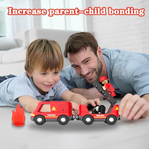 LiRiQi Holzeisenbahn Zug Feuerwehr-Löschzug, Eisenbahn Lok Kinder, Feuerwehr Leiterfahrzeug mit Licht und Sound, Zugset Spielzeug kompatibel mit Thomas, Brio, Spielzeugauto für Kleinkind Junge Mädchen