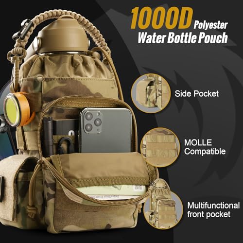 Image of ONETIGRIS Tactical Half Gallon Water Bottle with Straw - 64 oz Vacuum Insulated Stainless Steel Water Jug, Leakproof Sport Bottle with 3 BPA Free Lids, Paracord Handle & MOLLE Water Pouch for Outdoor