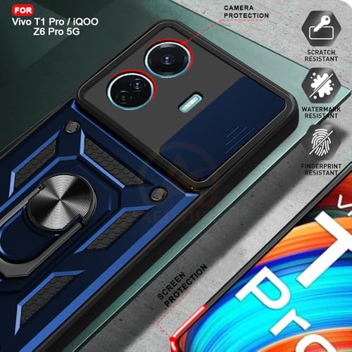 Image of Armor Bumper Back Cover Case for Vivo T1 Pro 5G / iQOO Z6 Pro 5G | Rotating Camera Cover, Ring Holder & Kickstand | Heavy Duty & 360 Degree Protection Back Cover (Blue)