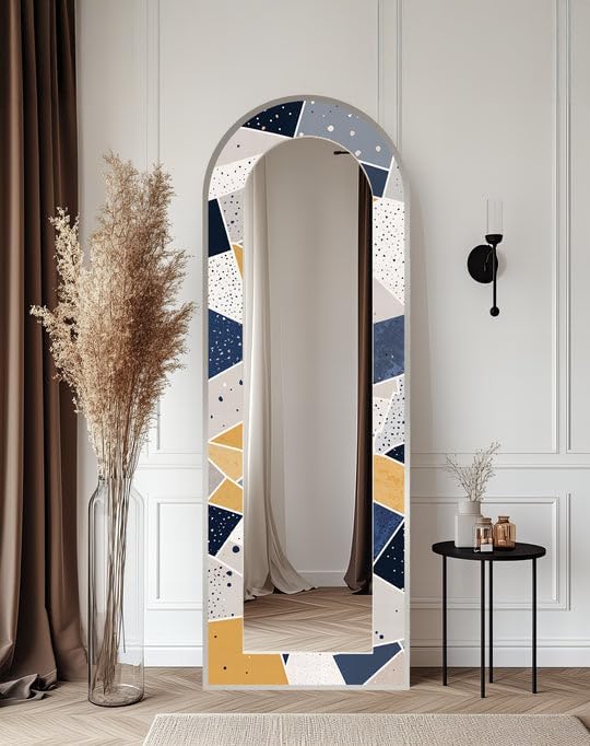 23,5’’W x 67’’H Navy & Mustard Geometry - Stained Floor Mirror Arched Full Lenght Mirror - Arch Full Body Stained Floor Mirror with Black Frame with Gold Frame