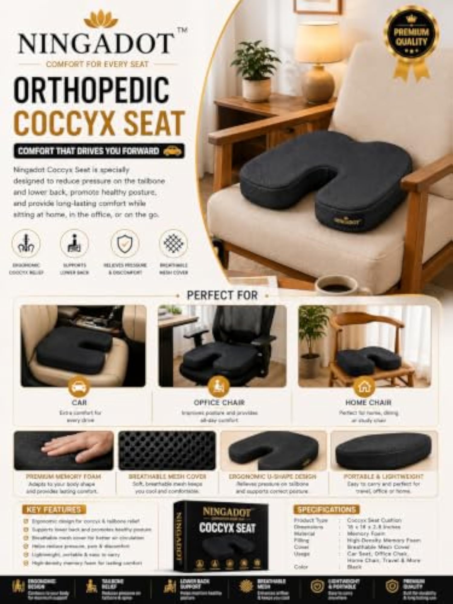 Backfit Ergonomic U Shaped Orthopedic Chair Cushion