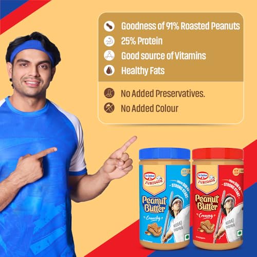 Image of Dr. Oetker FunFoods Peanut Butter Crunchy,750G|91% Roasted Peanuts|25% Protein per 100G|Source Of Vitamin E,B3 & B6|Nutty & Sweetened Nut Butter|Plant-Based Protein Spread (Pack of 3)