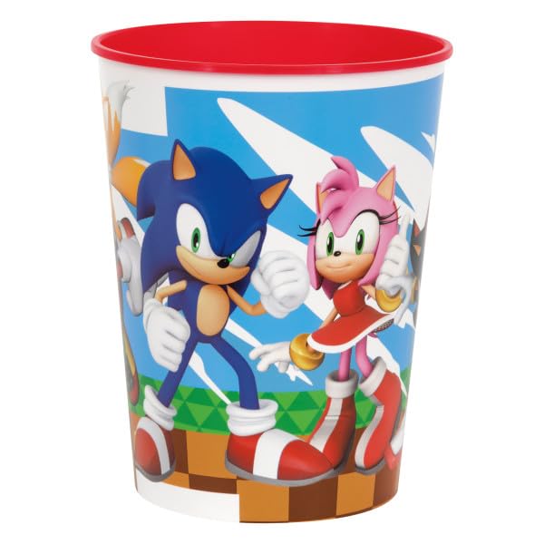 Unique Sonic the Hedgehog Birthday Party Supplies Bundle includes 12 Plastic Reusable Cups 16oz and 1 Dinosaur Sticker Sheet
