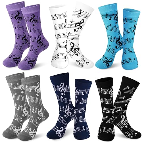 Shinymoon Funny Gifts for Men 6 Pairs Music Socks Gifts Funny Guitar Stave Music Notes Socks for Men Dad Musicians(Multicolored Music Note)