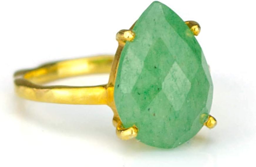 Green Aventurine Teardrop Ring, Vermeil Gold or Sterling Silver, Prong set ring
