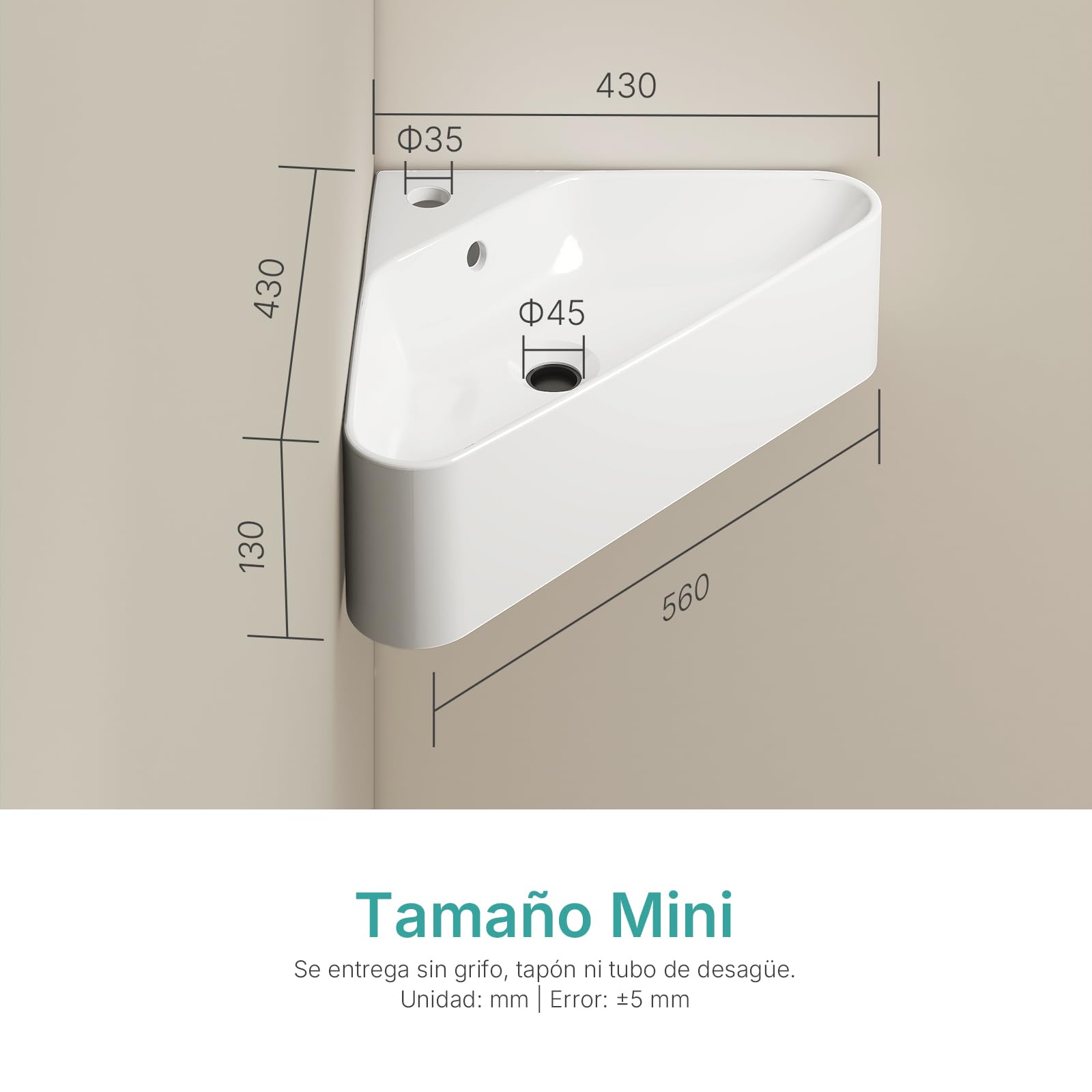 EMKE Pileta de cerámica 560x340x130mm,Blanco Brillante | Pequeño Lavabo Triangular de Pared – Lavabo Suspendido para Aseo o Baño Pequeño