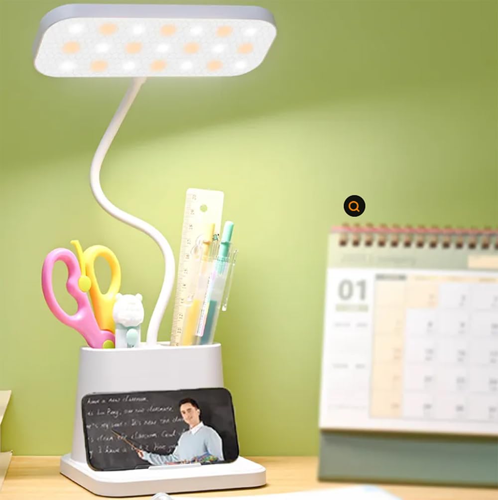 Lámpara LED de Escritorio con Cuello de Cisne Ajustable – 3 Modos de Luz Regulables – Base con Portalápices y Soporte para Móvil – Recargable con Batería de Larga Duración – Luz Cálida y Blanca