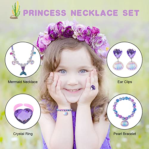OSDUE Zeemeermin prinsessenjurk, set van 5 stuks, zeemeermin-sieraden, kindersieraden, prinses sieraden, zeemeermin, halsketting, sieradenset voor prinses, oorbellen - Afbeelding 4