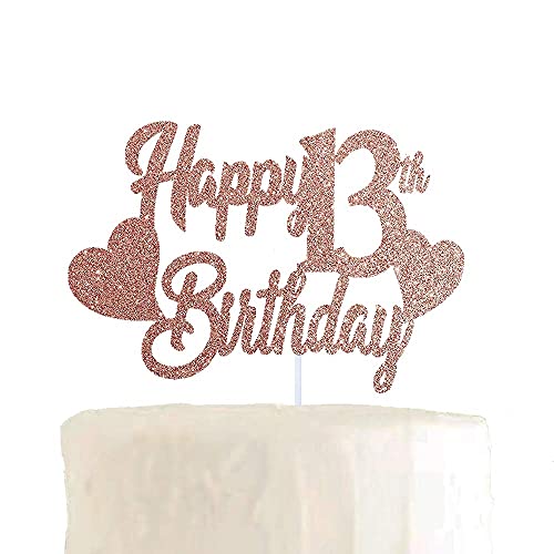 Image of Festiko13th Happy Birthday Heart Double Rose Gold Glitter Cake Topper for 13th Girl Birthday, 13th Birthday Party