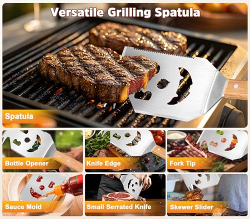 Snowpea BBQ Wender & Multifunktions-Grillwerkzeug | Robustes Edelstahl Multitool mit langem Holzgriff | Ideales Grill-Geschenk für Männer & Papas | Für Outdoor, Camping & Küche