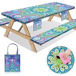 Sotue Picnic Table Cover with Bench Covers Camping Essentials Tablecloth with Elastic 72×30 Inch Fitted Rectangle 6 ft Table Cloth Travel Accessories RV Gear Must Haves Camper Gifts for Outdoor