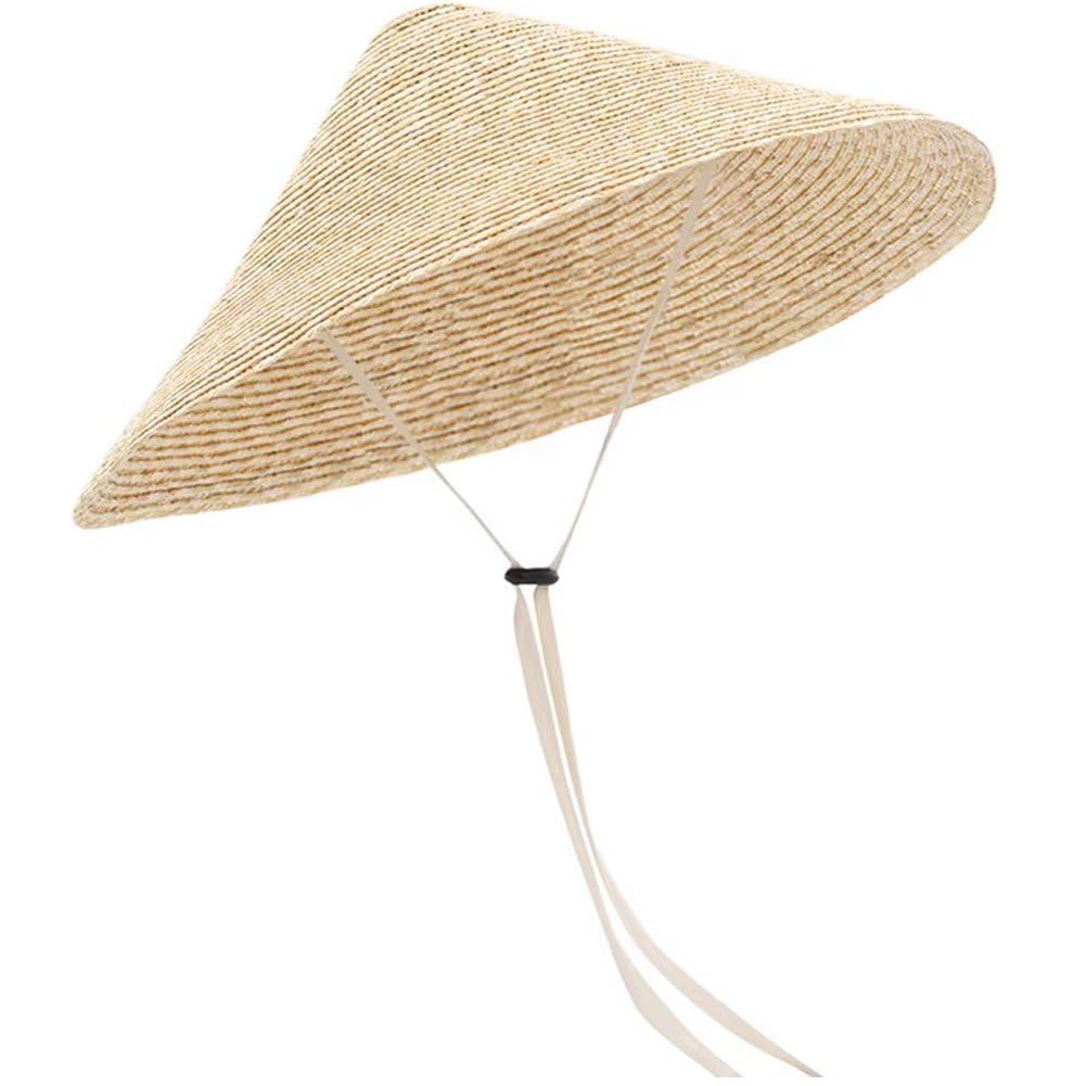 Uzztfa Beige Large Brim Straw Sun Hat Traditional Oriental Straw Cone Garden Fishing Hat With Chin Strap Woven Vietnamese Hat Farmer Hat