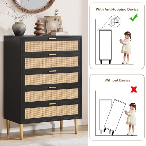 Rattan 5 Drawer Dresser, 44'' Tall Narrow Chest of Drawer, Farmhouse Wooden Storage Cabinet with Metal Legs and Handles, Modern Dresser for Bedroom, Living Room, Black