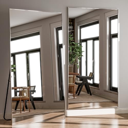 GLSLAND 76"x34" Full Length Mirror Extra Large Hanging or Leaning Rectangle Mirror Aluminum Alloy Thin Frame Bedroom Floor Dressing,Silver
