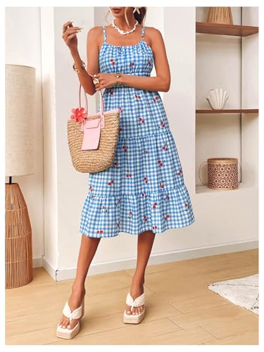 Image of MakeMeChic Women's Cherry Gingham Cami Dress Spaghetti Strap Ruffle Tiered Summer Midi Dresses Blue Large