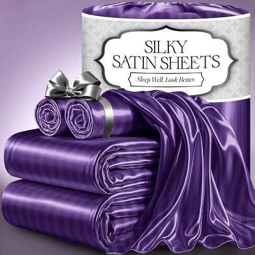 DECOLURE Satin Bed Sheets - 4 Piece Luxury Silky Full Size Bedding Set - Softer Than Silk, Wrinkle-Free with 15 Deep Pocket Fitted Sheet, Perfect for Hair & Skin, Gifts for Women (Striped Purple)