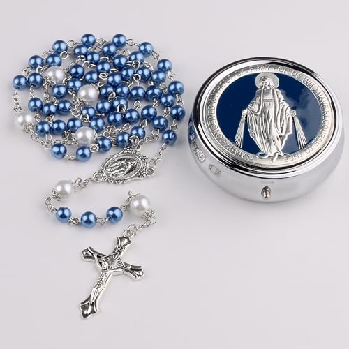 Catholic Town 6mm Glass Pearl Beads with 8mm Our Father Beads with Caps Rosary Pack in Miraculous Metal Gift Box (Available in Blue and Pink colors)2