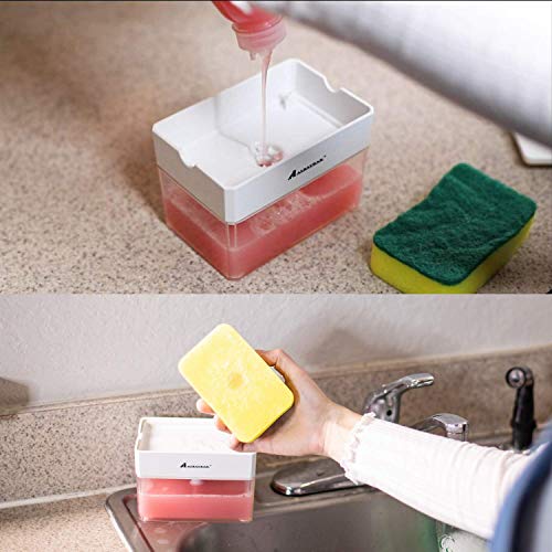 Albayrak Soap Dispenser for Kitchen + Sponge Holder - U.S. Design Patent - Premium Quality Dish Soap Dispenser - Counter Top Sink Dispenser - Instant Refill, Durable, Rustproof