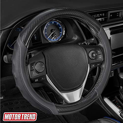 Image of Motor Trend UltraSport Gray Carbon Fiber Steering Wheel Cover, Standard 15 inch Size, Black Faux Leather Comfort Grip, Car Steering Wheel Cover for Auto Truck Van SUV